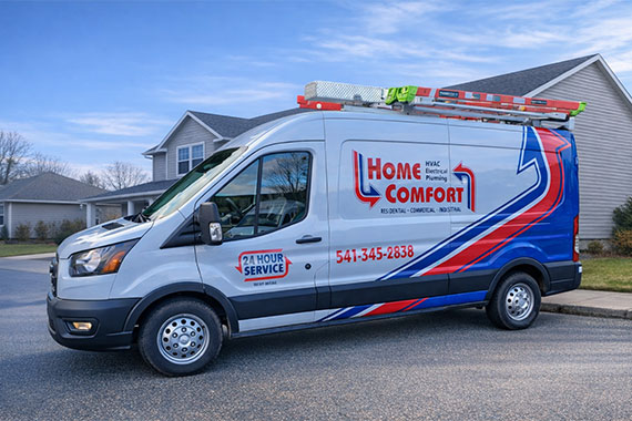 Home Comfort van parked in front of homes Home Comfort van parked in front of homes
